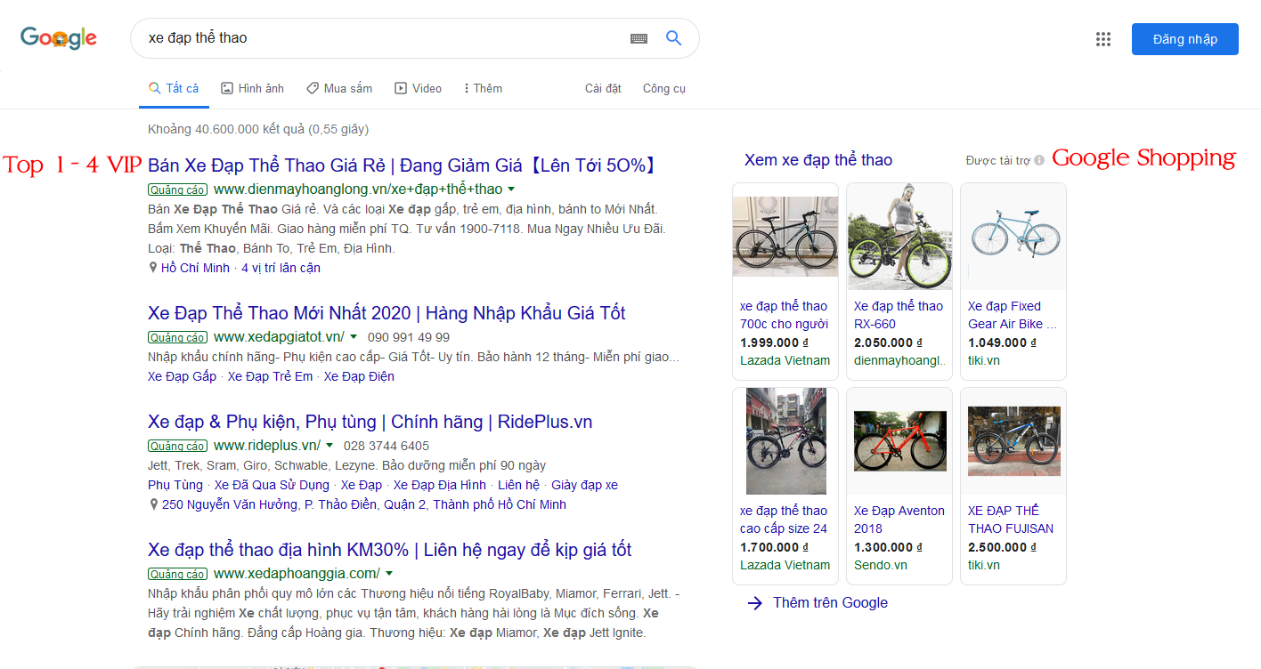 Vị trí quảng cáo Google Top VIP